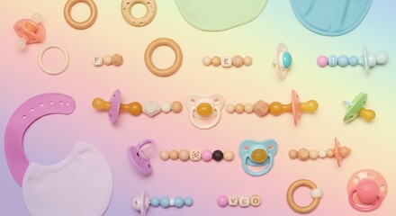 Pastel Baby Accessories Flatlay Pacifiers Teethers Bibs Wooden Toys and Rings