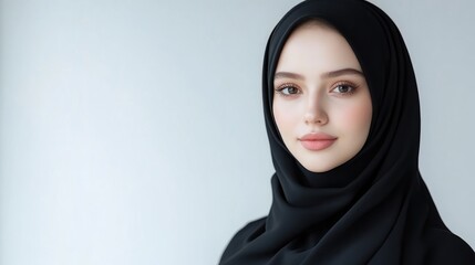 Naklejka premium A young woman in a black hijab is the focus. The hijab drapes elegantly around her shoulders. The photo is well-lit, high-resolution, and features a simple, clean aesthetic. Soft lighting creates a