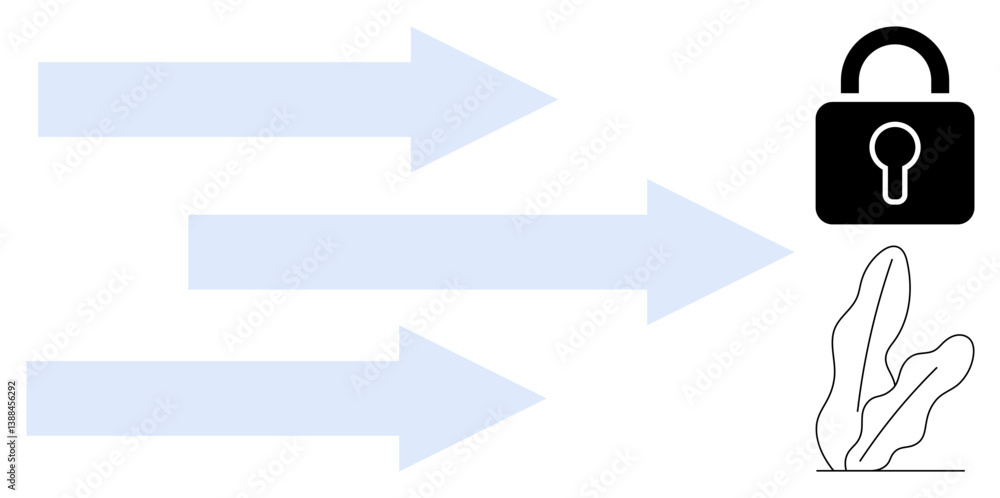 Poster three arrows in motion direct toward a secure lock and small leaf elements, symbolizing progress, se