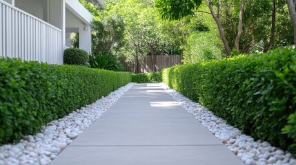 Obraz premium Tranquil pathway lined with lush greenery and white stones