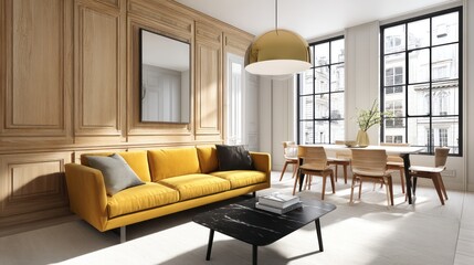 A chic living room with pale oak wood paneling, large windows offering natural light, and an oversized mustard-colored sofa