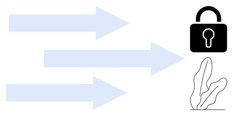 Obraz premium Three arrows in motion direct toward a secure lock and small leaf elements, symbolizing progress, security, and growth. Ideal for technology, security, data, privacy, strategy innovation growth