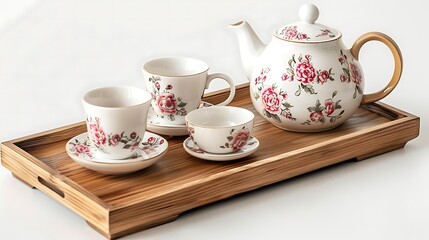 Fototapeta premium Traditional tea set on a wooden tray, minimal style, soft lighting