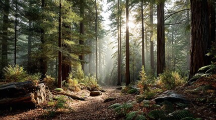 Obraz premium Nature Redwood Forest Perspective Earthy Sun-dappled