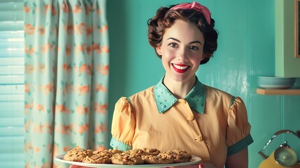 Vintage-inspired image of a 1950s mom holding a tray of cookies, smiling.