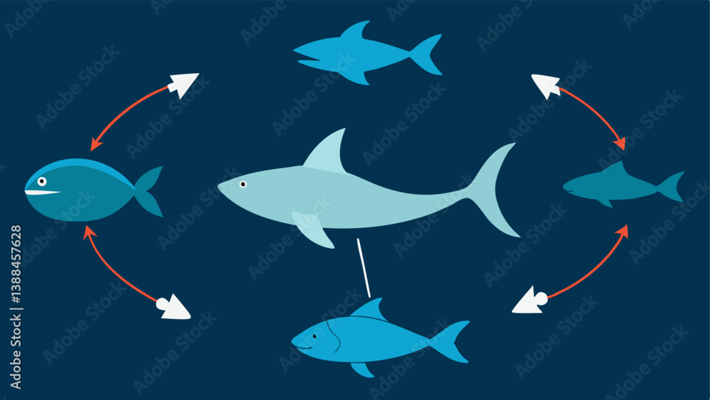 Poster Food Web Disruption A diagram of a marine food web showing where overfishing affects different species with arrows highlighting the connections between predator and prey.