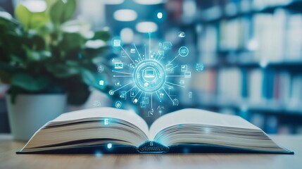 Open book displaying digital network concept, symbolizing knowledge sharing