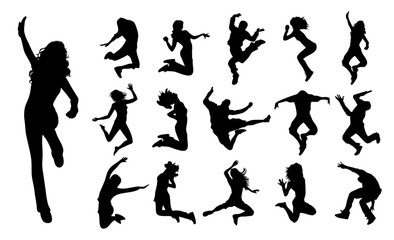 Energetic silhouettes of joyful jumping, illustrating active figures in motion and playful forms against a light canvas
