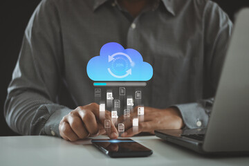 Transfer files data system relocation on cloud system technology concept. Business person hand...