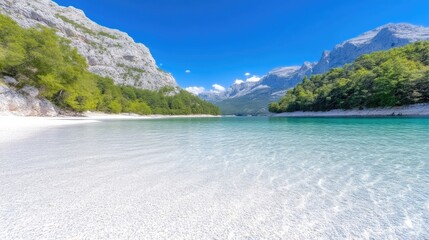 Fototapeta premium Crystal-Clear Lake with Mountain Shores Vibrant Summer Style High-Definition Landscape Wide-Angle View Shallow Water Serenity Majestic Alps Bright Sunny Mood Tourism Advertisement