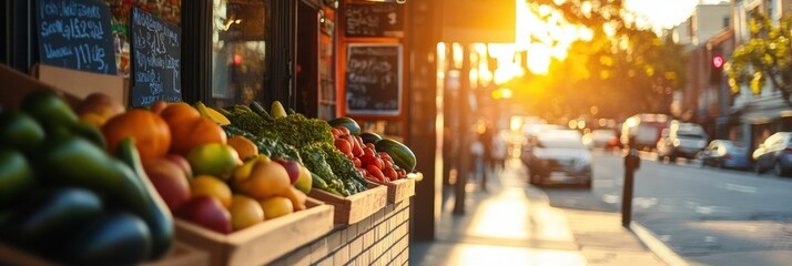 Colorful fruit and vegetable display outside a grocery store in a lively city street during golden hour