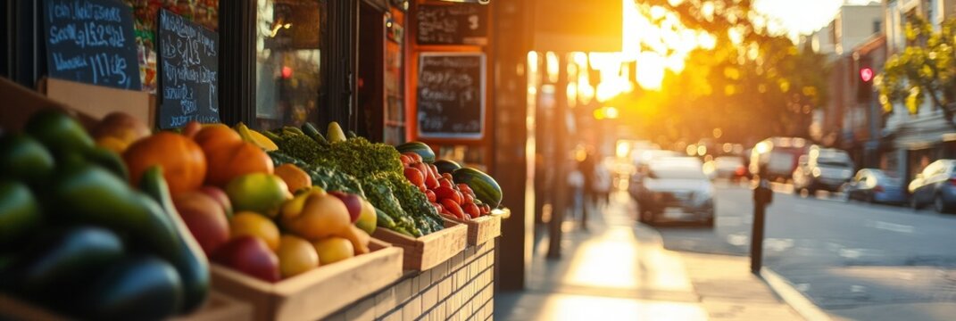 Colorful fruit and vegetable display outside a grocery store in a lively city street during golden hour