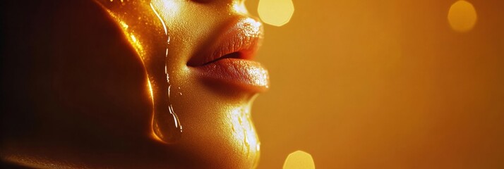 Close-up of luxurious golden skincare oil drizzling onto radiant skin in warm light for deep hydration