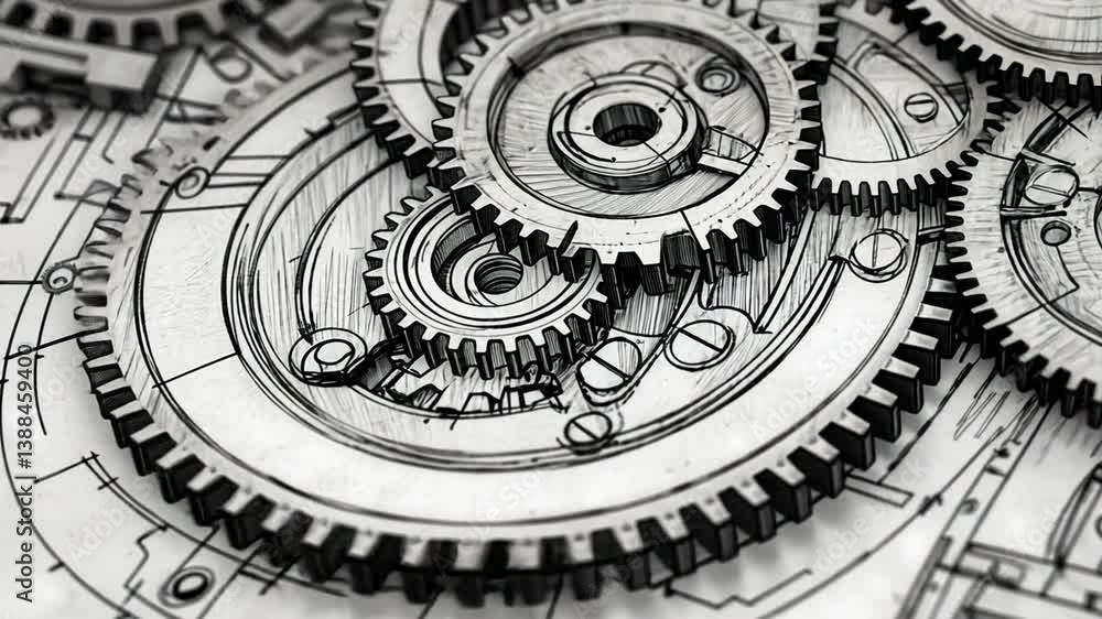 Poster mechanical engineering drawing of interlocking gears generative ai