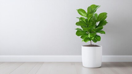 Fototapeta premium A fiddle-leaf fig plant in a white pot sits against a minimalist white wall. The image is simple, clean, and well-lit. The style is modern and calming. The color palette is muted, featuring greens