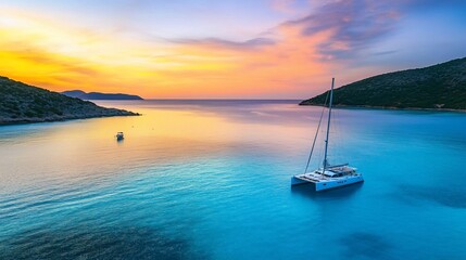 Fototapeta premium Idyllic Seascape with a Catamaran Yacht Sailing at a Mesmerizing Sunset