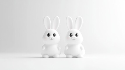 Two stylized white rabbits stand side-by-side against a plain white background. The rabbits are cartoonish, simple in design. The image is clean and minimal, high-resolution. The style is simplistic