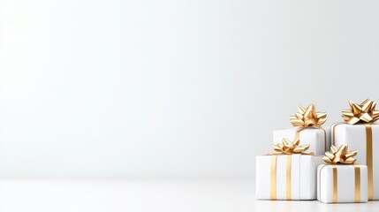 Four white gifts with gold ribbons sit on a white surface against a white background. The image is clean and minimalist, high-resolution, and brightly lit. It employs a simple, elegant style. The co