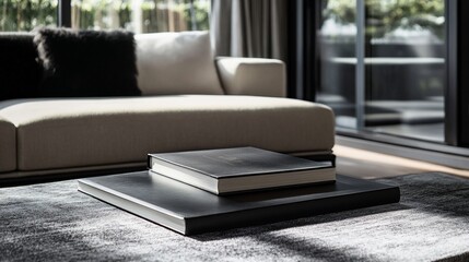 Sophisticated living room interior, modern design with books and soft textures