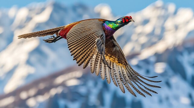Himalayan monal pheasant flight iridescent plumage against snowy peaks vibrant alpine contrast