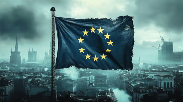 European Union flag waving over a desolate cityscape symbolizing unity and resilience in challenging times, representing the European identity concept