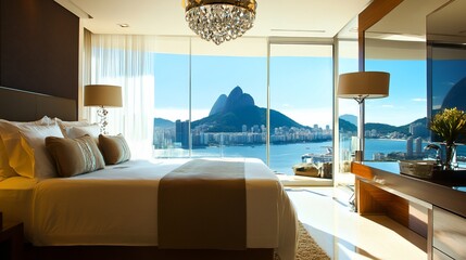 Luxury hotel room overlooking Rio de Janeiro's iconic Sugarloaf Mountain