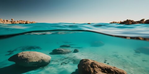 Obraz premium A crystal-clear turquoise lagoon with rocks, symbolizing paradise and nature, suitable for travel and tropical themes.