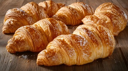 Delicious Golden Brown Croissants on Wooden Table