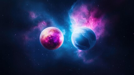 Obraz premium Two vibrant, otherworldly planets bathed in nebulae light against a star-studded cosmic backdrop. A spectacle of space, with swirling, colorful clouds surrounding the celestial bodies