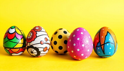 Colorful Easter Eggs displaying creative designs against a bright yellow background.