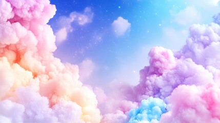 Pastel clouds fill the image, exhibiting soft pink, purple, and blue hues. The composition features a dreamy, ethereal sky. High-resolution digital art with vibrant, saturated colors creates a whimsi