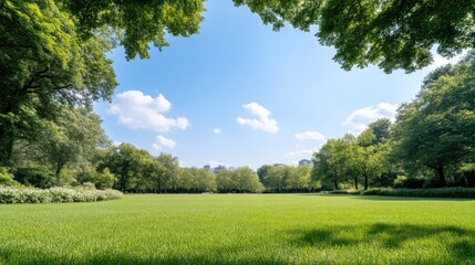 Obraz premium A vibrant green lawn stretches to a tree line under a bright blue sky. Lush green trees frame the scene. The image is high-resolution with natural sunlight. The style is serene and peaceful. The co