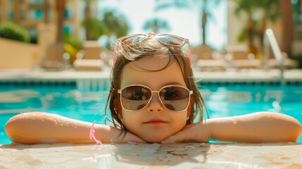 Girl in a swimming pool, leaning on the edge with sunglasses. Enjoying the water under the sun. In the background there are sun loungers and vegetation that complete the relaxing atmosphere.