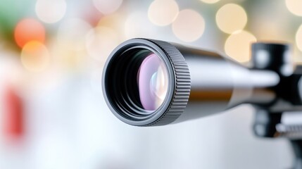 A rifle scopes lens is the images focus, showcasing its metallic body and detailed construction. The blurred background suggests an outdoor setting. High-quality resolution and bright lighting enhanc