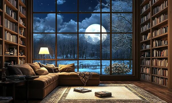 Cozy library room interior featuring sofa and bookshelves with full moon glowing through window at night
