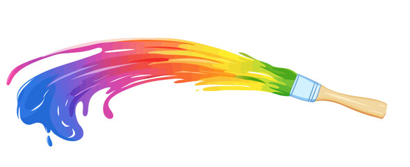 A vibrant rainbow is depicted emerging from a soft, white cloud while holding a paintbrush, all illustrated in a flat, modern art style