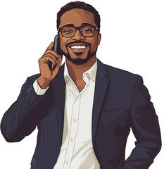 A self-assured entrepreneur wearing a dark suit is seen smiling as he engages in a phone conversation within a contemporary flat illustration