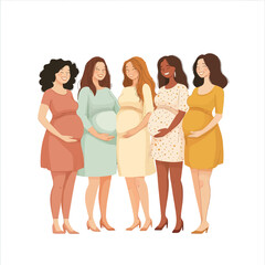 Obraz premium A group of expectant mothers are depicted smiling together in a modern flat art style illustration