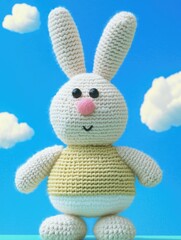 Obraz premium Crocheted bunny toy against a bright blue sky with clouds 