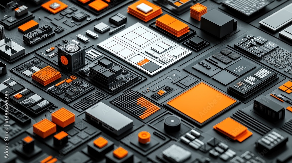 Poster abstract tech circuit board design: a 3d render of orange and black tech components