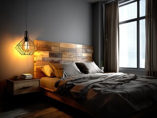A cozy, high-resolution bedroom featuring a comfortable bed with a wooden headboard