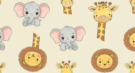 Adorable Cartoon Safari Animals Seamless Pattern Elephants Giraffes Lions Nursery Decor