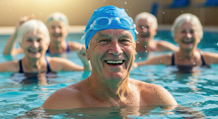 Close-up portrait of smiling senior man in swimming pool with group. Elderly male attends aqua aerobics fitness classes. Water sport activity, healthy lifestyle, group aquatherapy.