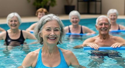 A group of seniors engages in a lively water aerobics class, smiling and enjoying the exercise. The indoor pool environment is bright and inviting, promoting wellness and fitness