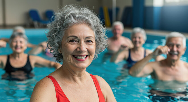 Group of elderly individuals participating in a water aerobics class in a bright, indoor pool. They are smiling and engaging with each other during the activity