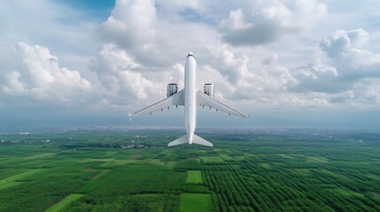Airplane soaring over lush green fields.  A passenger jet ascends above a vast expanse of agricultural land, with a backdrop of cumulus clouds and a vibrant blue sky.