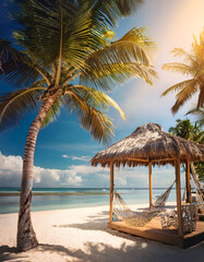Tropical beach scene with palm trees, a thatched hut, and a hammock under a sunny sky