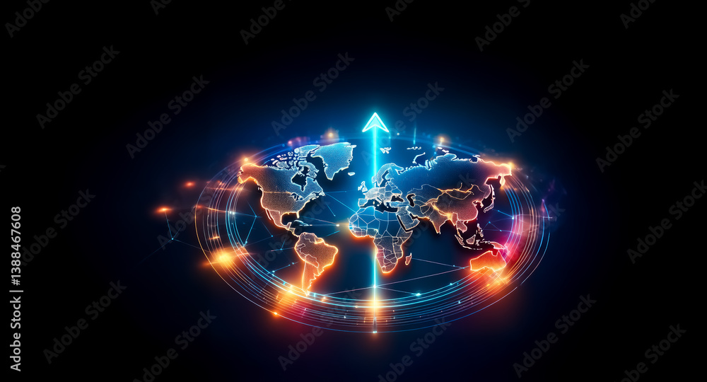 Poster illuminated world map with glowing connections and a bright arrow pointing upwards, symbolizing glob