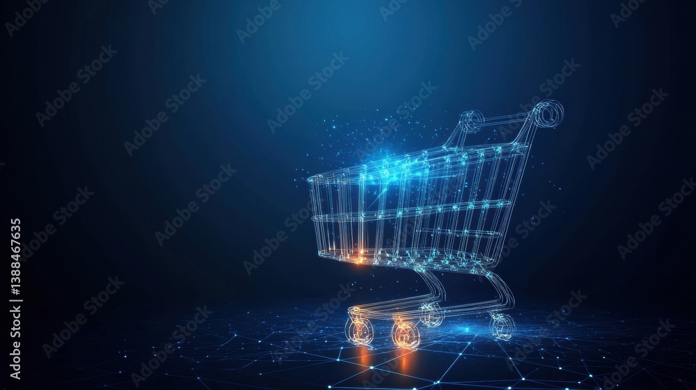 Poster Sleek shopping cart icon with glowing digital lines in a deep blue gradient background representing futuristic e-commerce concepts