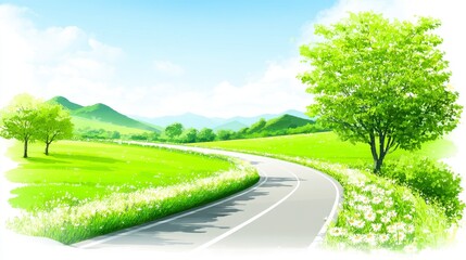 Asphalt Road Winding Through Vibrant Green Meadow Landscape Under Sunny Sky